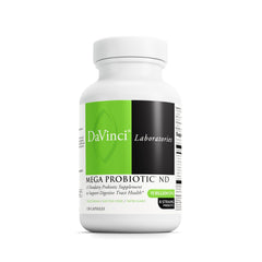 DAVINCI Labs Mega Probiotic ND bottle front highlights gut health support