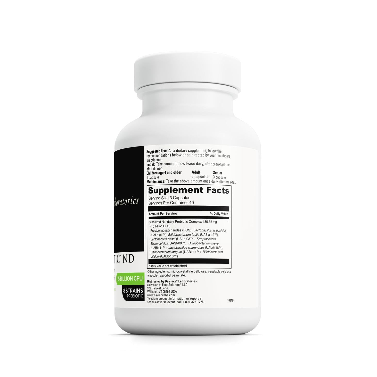 DAVINCI Labs Mega Probiotic ND bottle side shows 120 vegetarian capsules
