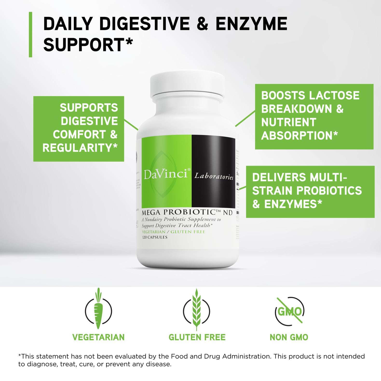 DAVINCI Labs Mega Probiotic ND capsules closeup with Lactobacillus strains