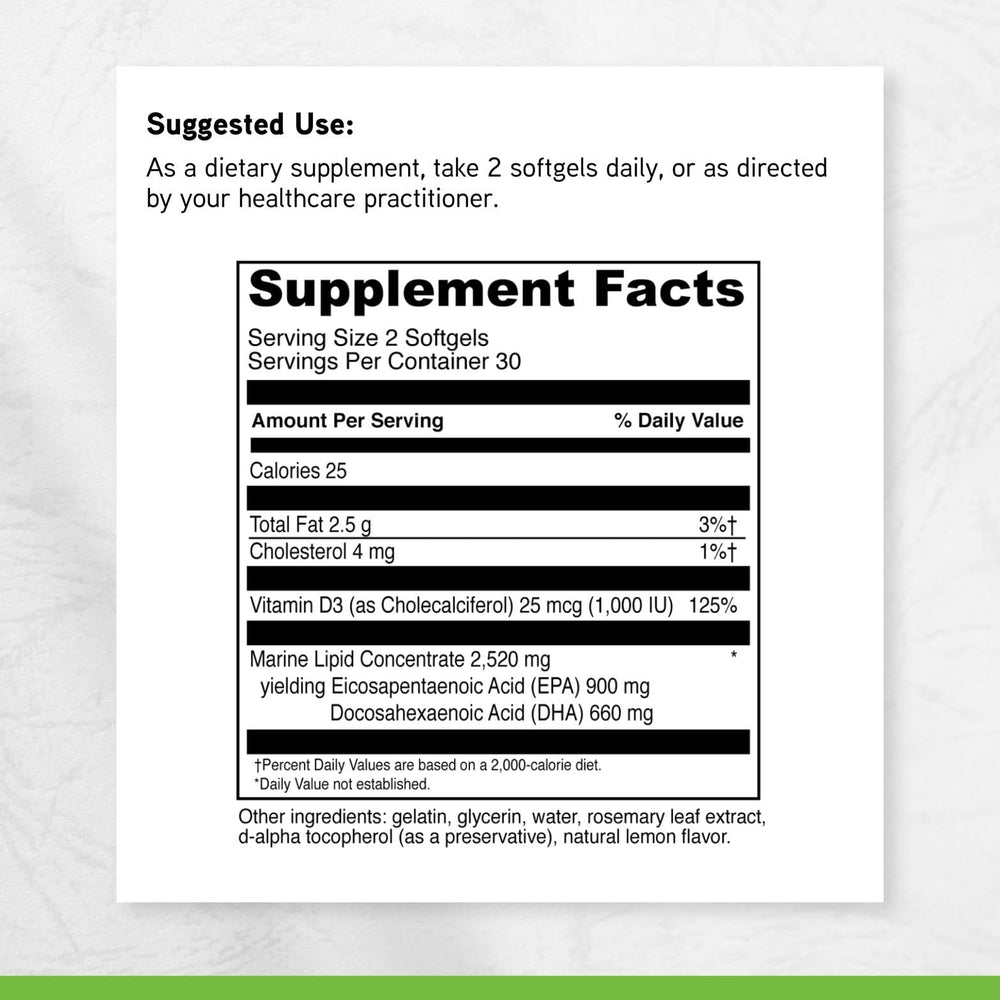 60 softgels supply in each bottle for daily omega-3 intake.