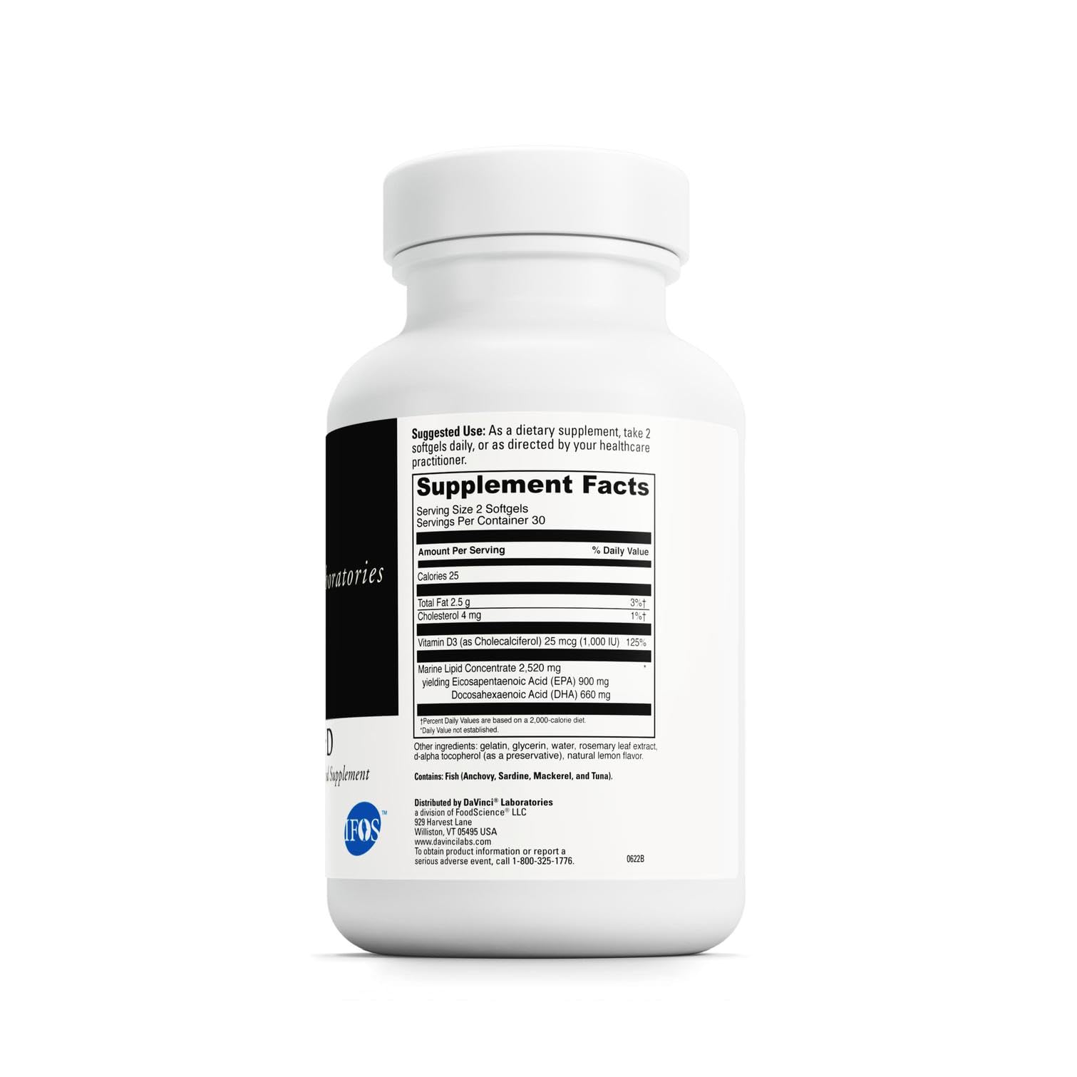 DAVINCI Omega 3 HP-D softgel close-up highlights high potency EPA/DHA.