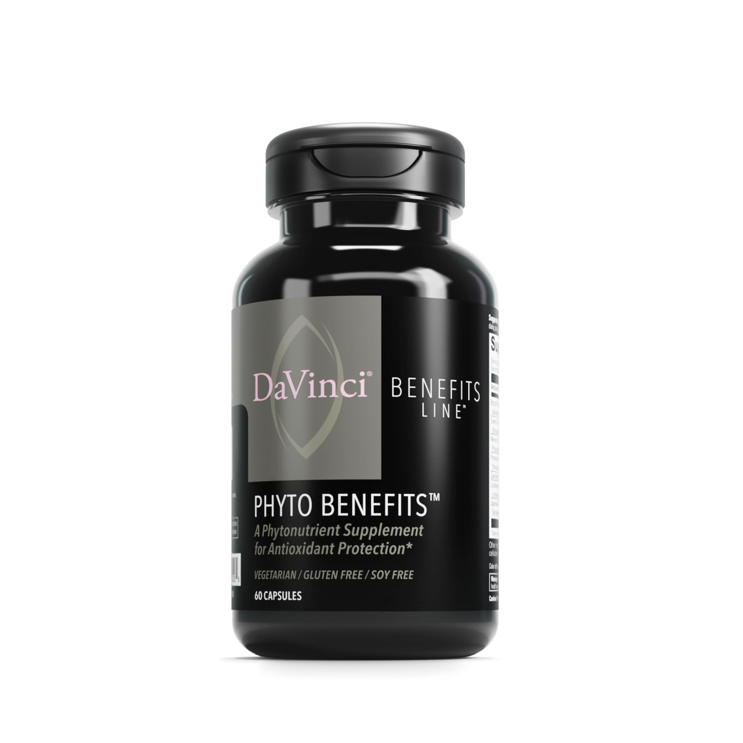 DAVINCI Phyto Benefits bottle front promoting daily wellness in a vegetarian formula.