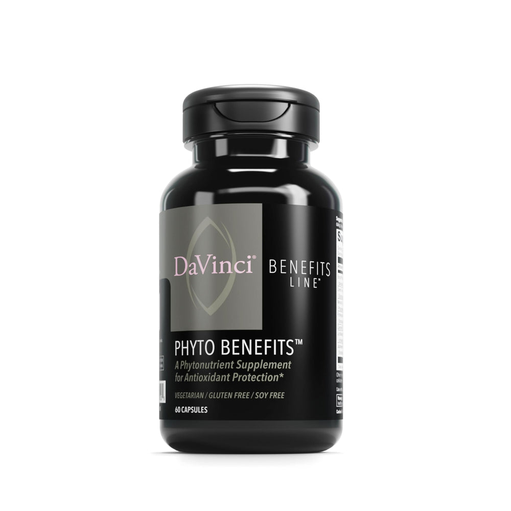 DAVINCI Phyto Benefits bottle front promoting daily wellness in a vegetarian formula.