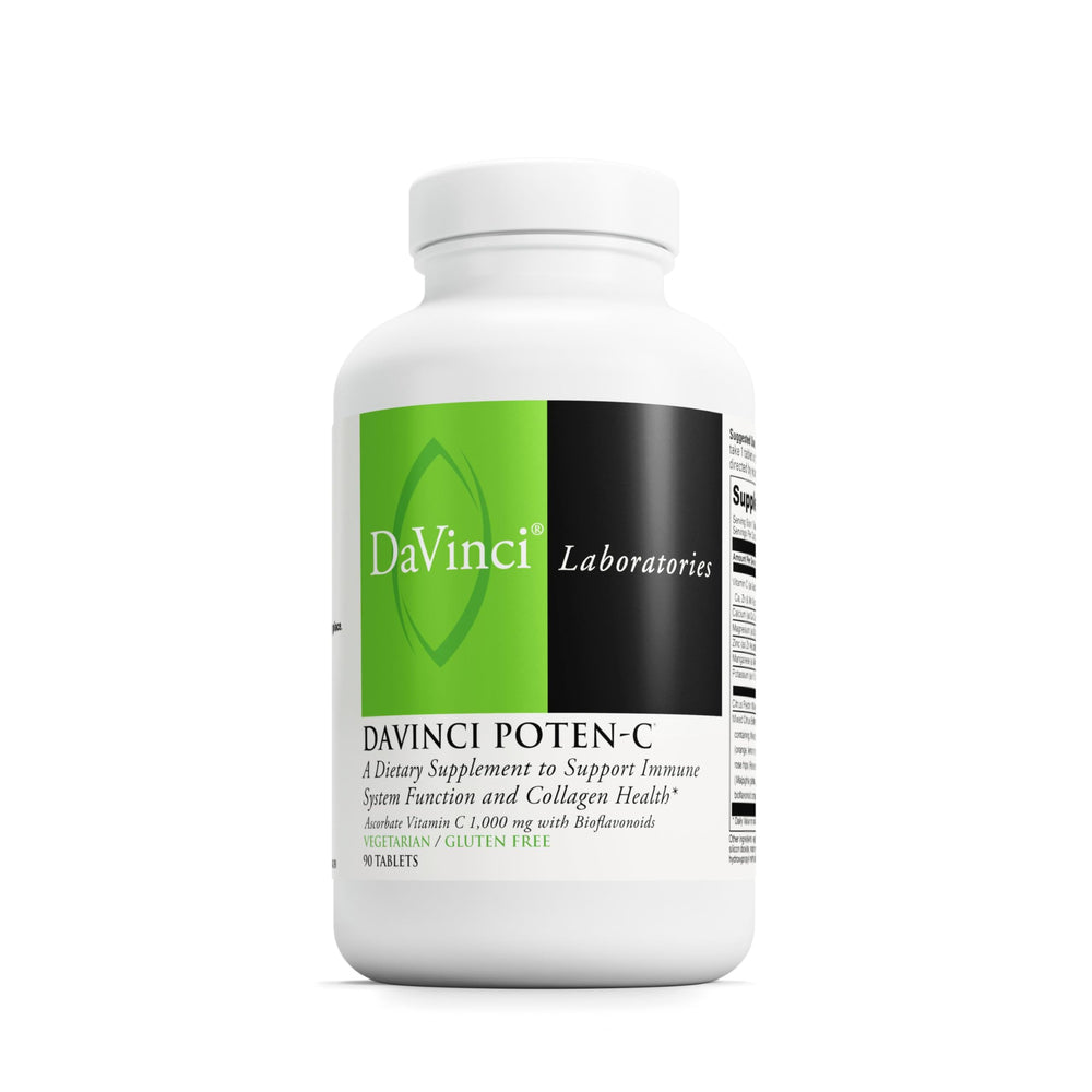 DAVINCI Poten-C tablet on fingertip highlights immune support and daily vitamin C intake.