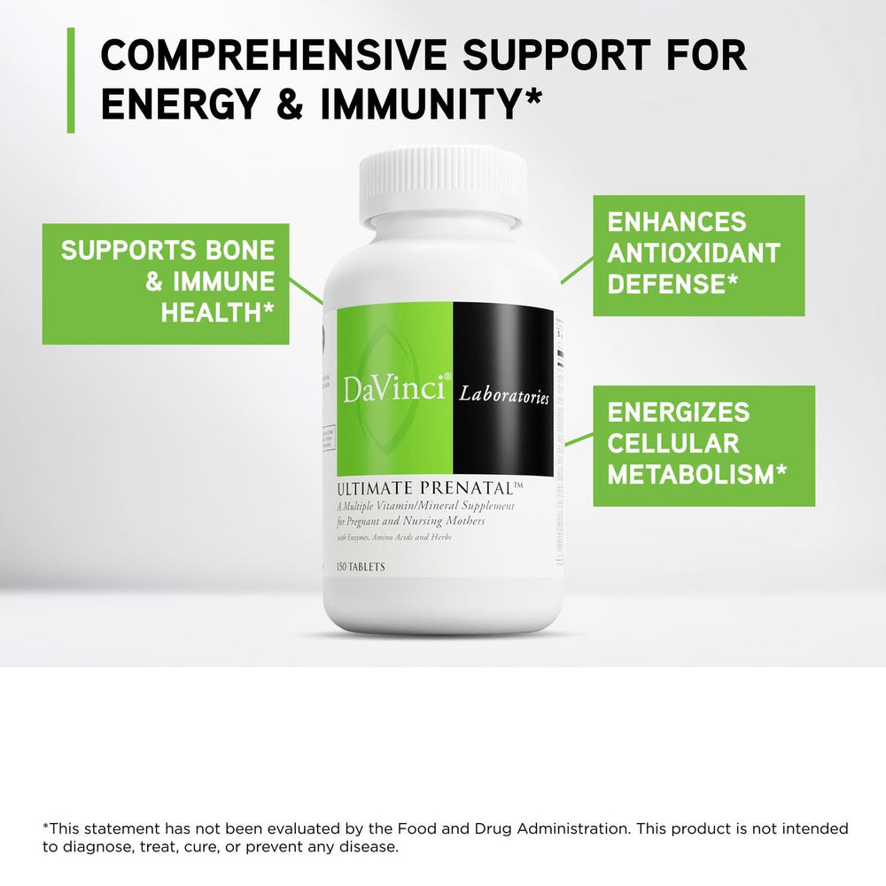 DaVinci Prenatal label close-up highlighting minerals and vitamins for daily nourishment.