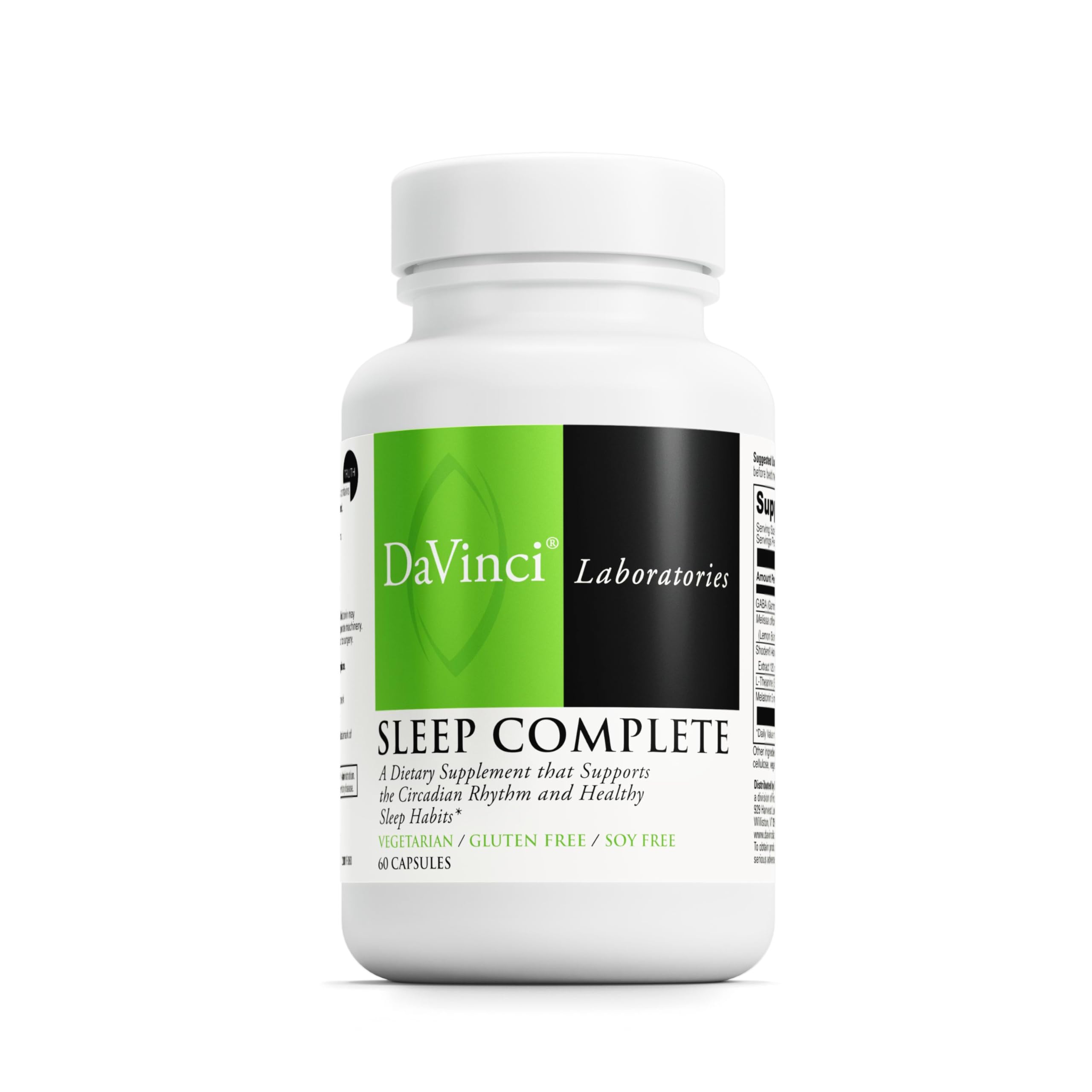 DAVINCI Sleep Complete bottle-front shows a premium nightly supplement for calm evenings