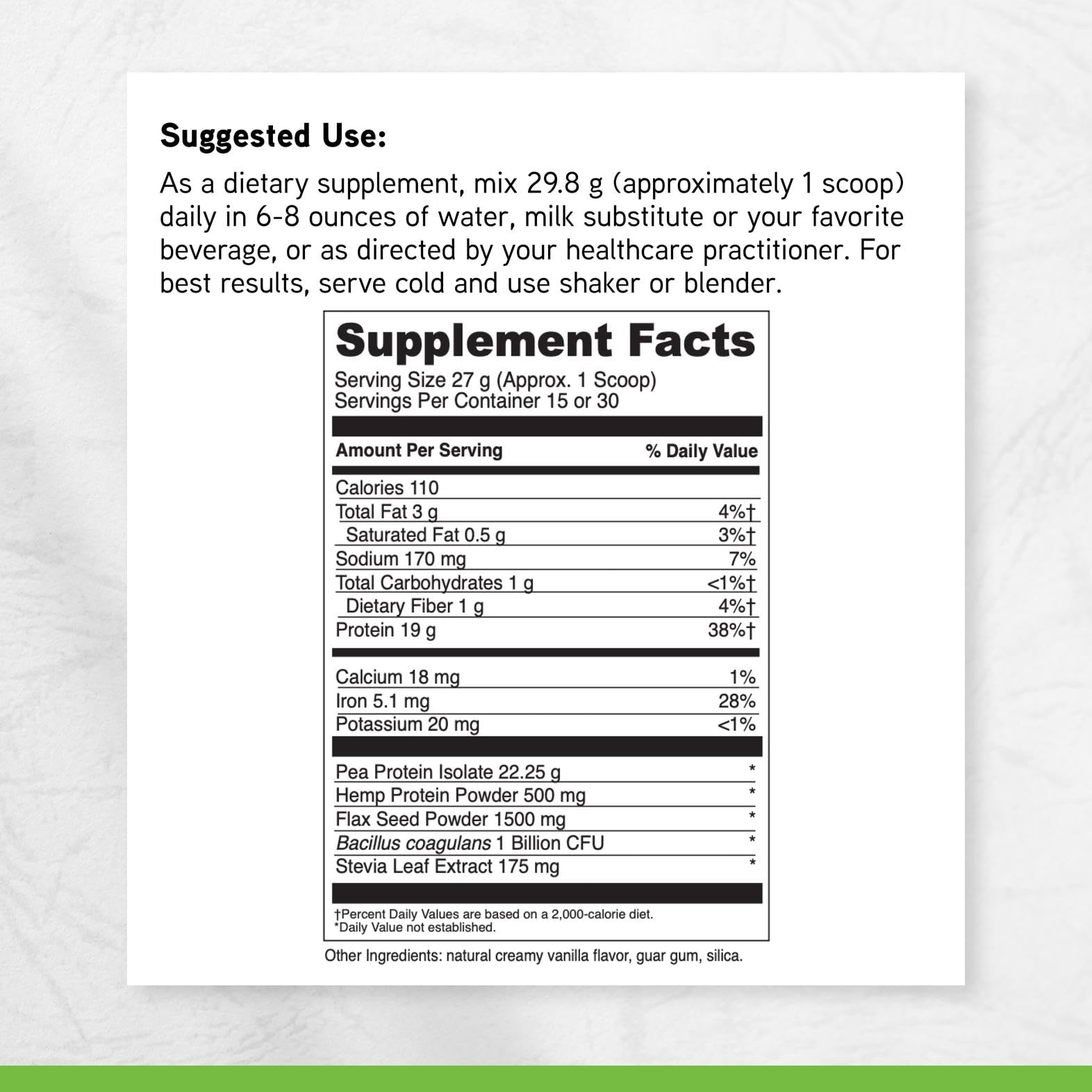 Ingredient panel displaying dairy-free and soy-free formula of DaVinci Vegan Protein.