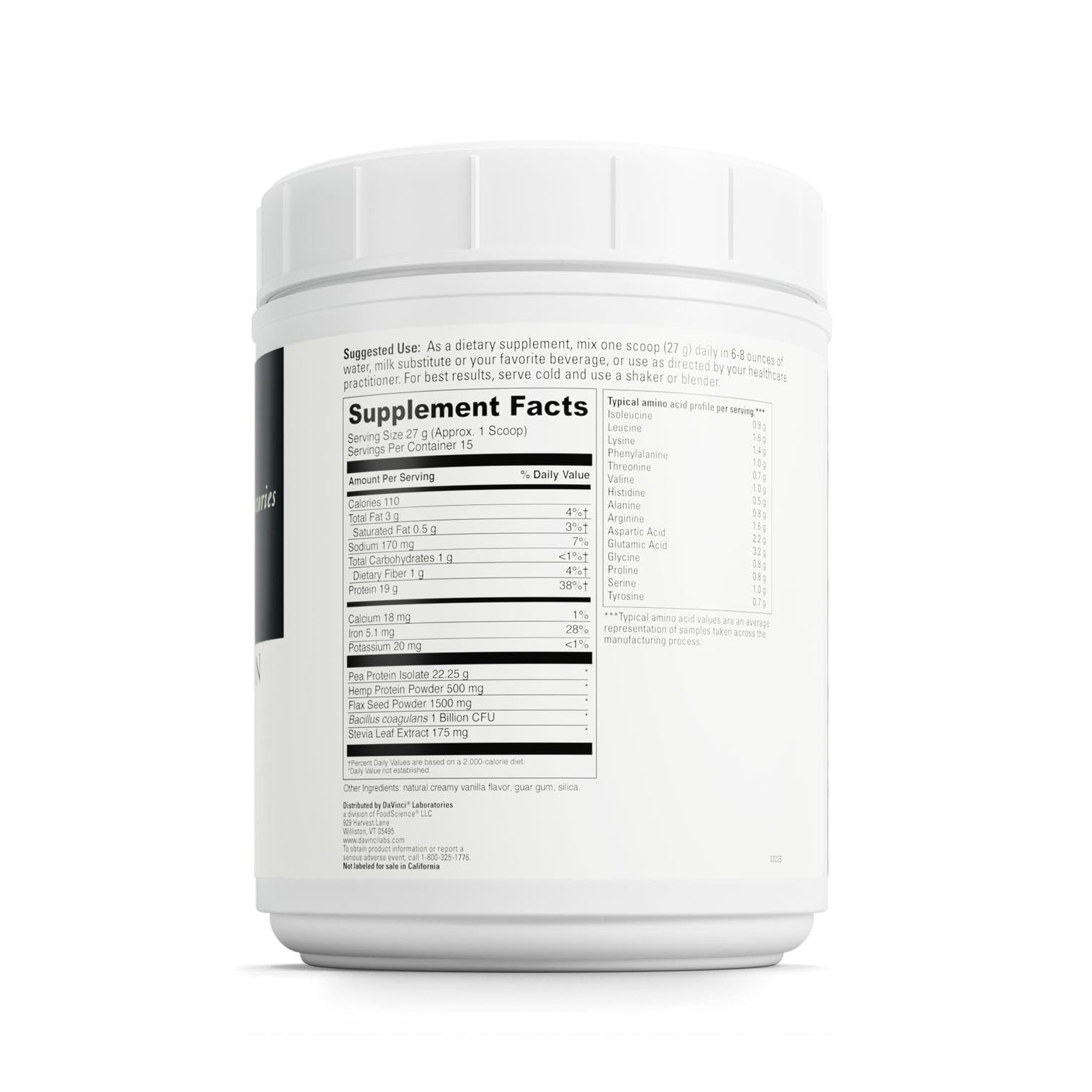 DaVinci Vegan Protein ingredients showing pea, hemp, and flax for complete plant protein