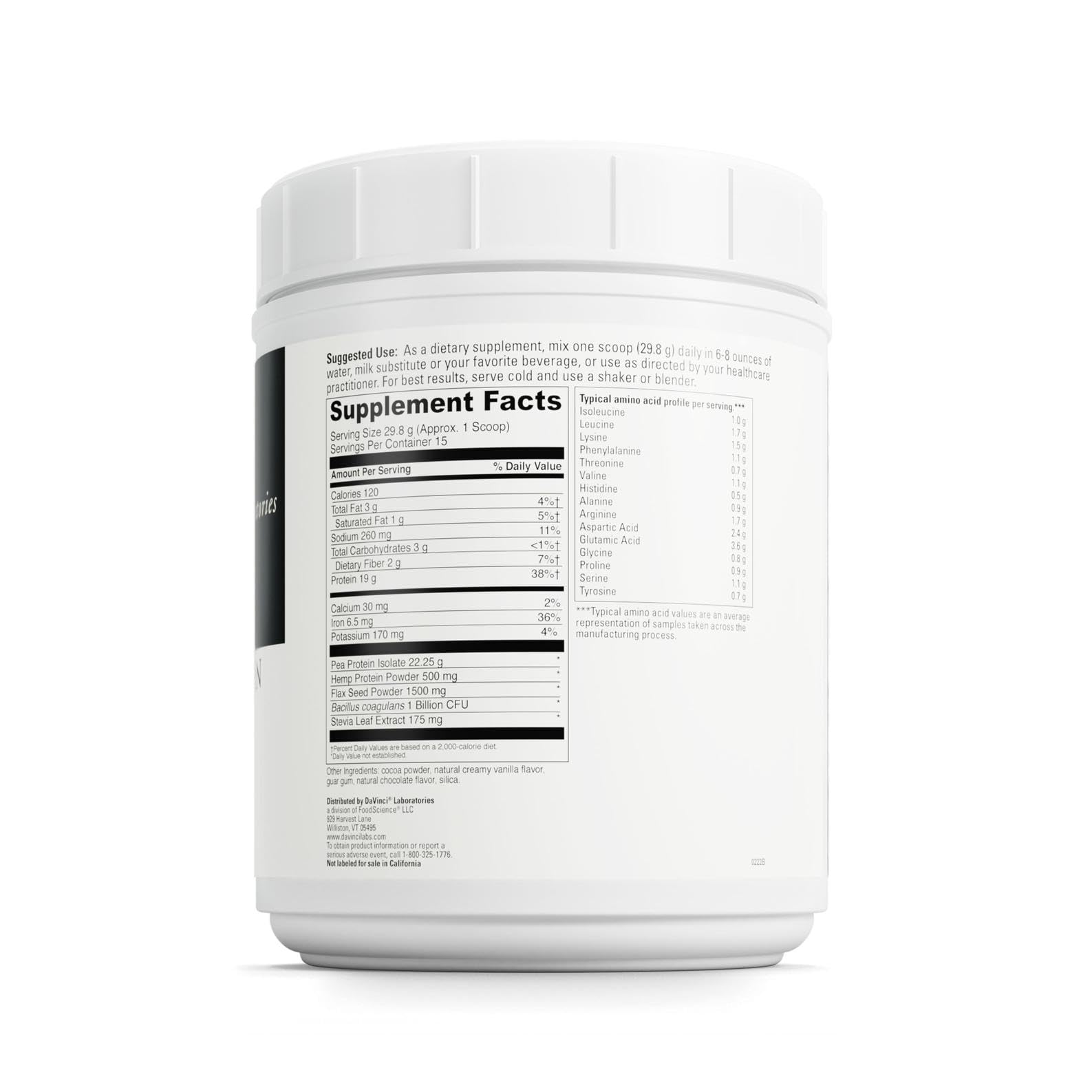 Scoop of DaVinci Vegan Protein blending pea, flax, and hemp for muscle support.