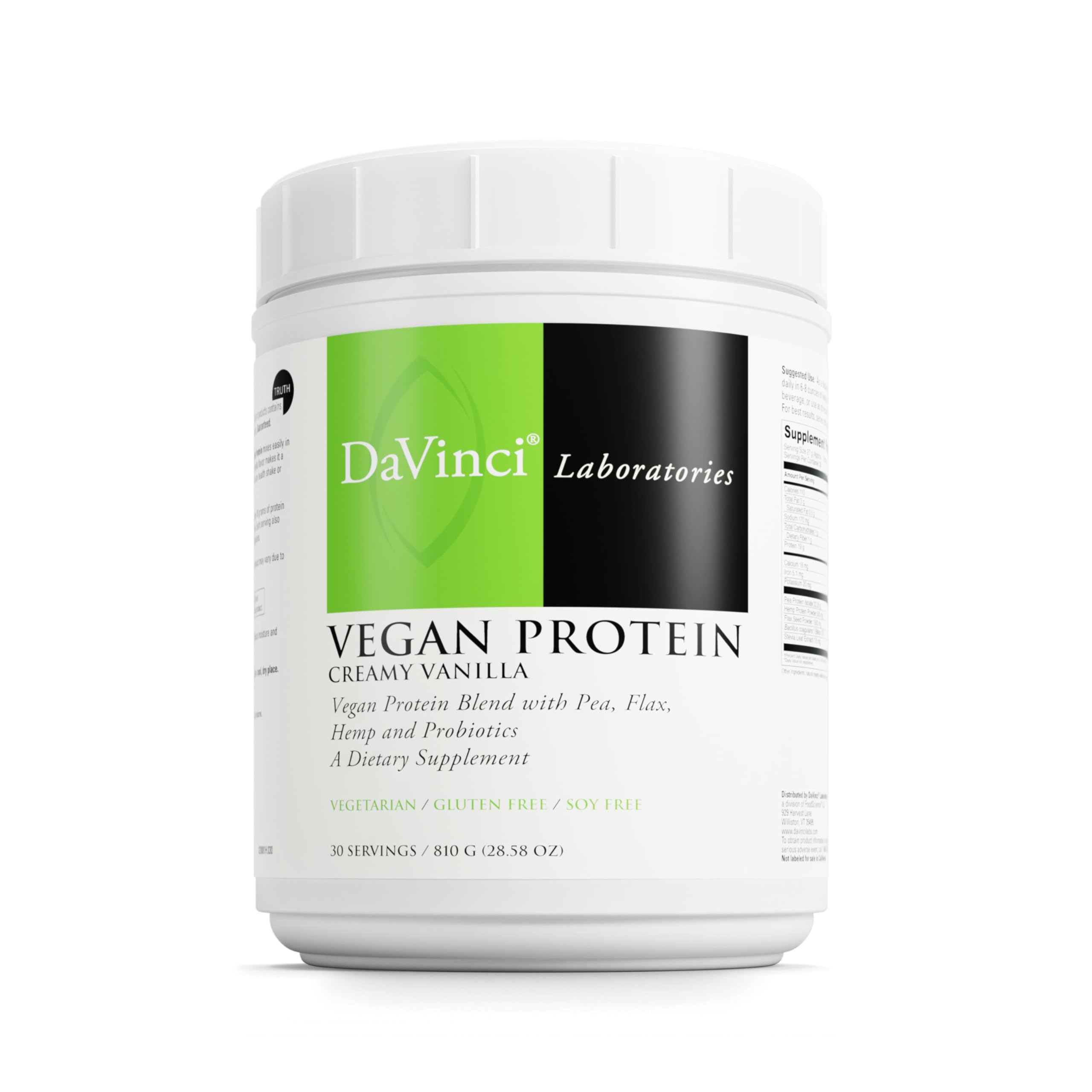 DAVINCI Vegan Protein Vanilla powder showcasing creamy shake texture and vanilla flavor.