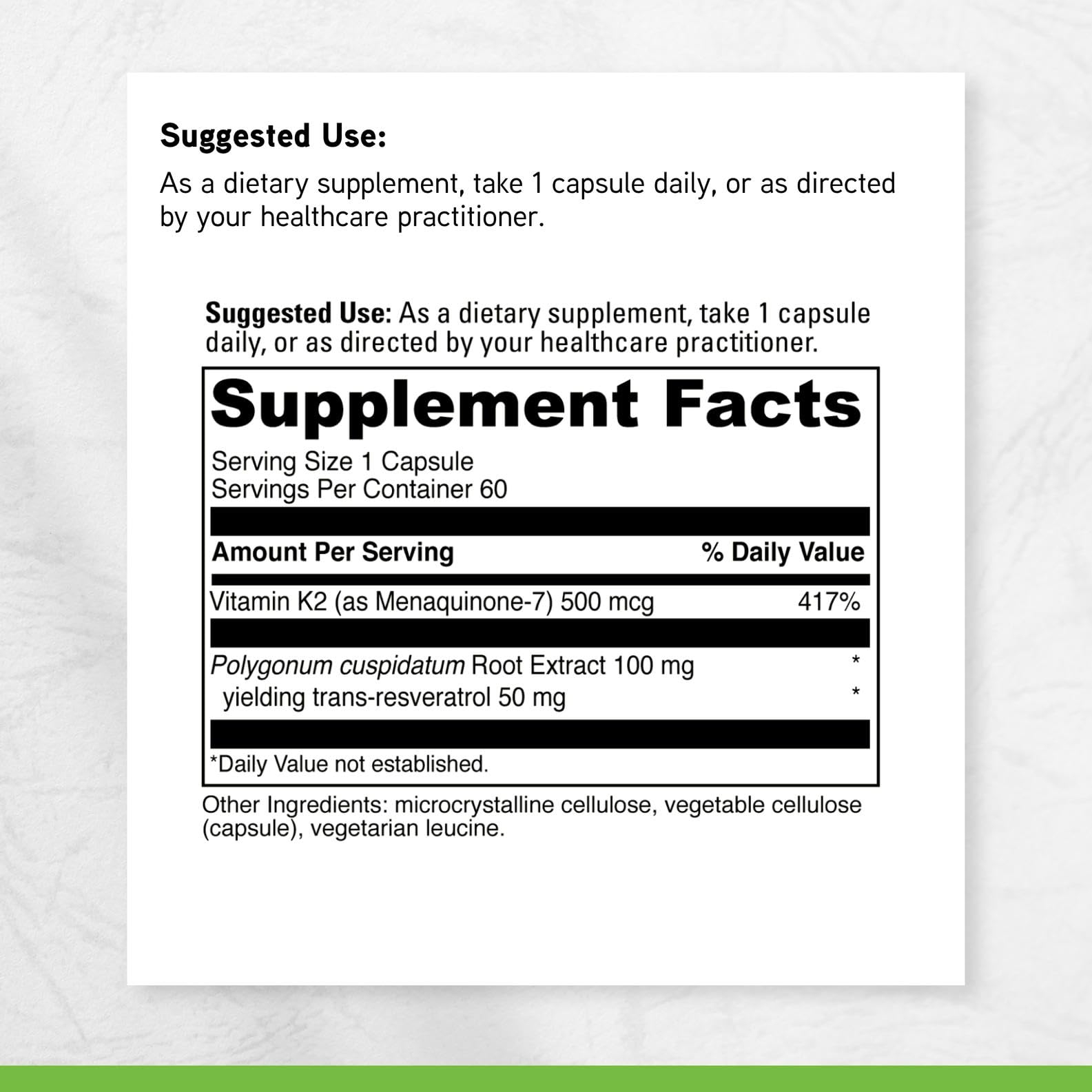 Davinci label detail mentioning MK-7 and resveratrol for antioxidant potential