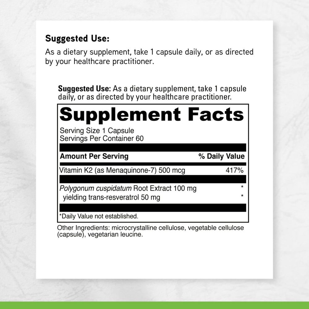 Davinci label detail mentioning MK-7 and resveratrol for antioxidant potential