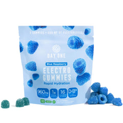 Day One Electrogummies blue raspberry bottle for on-the-go hydration support.