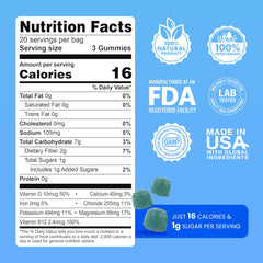 Day One Electrogummies blue raspberry gummies close-up highlighting natural electrolytes and vitamins.
