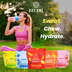 Day One Electrogummies fruit punch on a hiking trail for steady hydration.