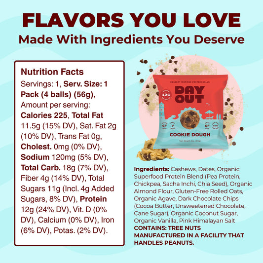 Day Out Protein Snack Balls with 12g protein per serving for steady energy.
