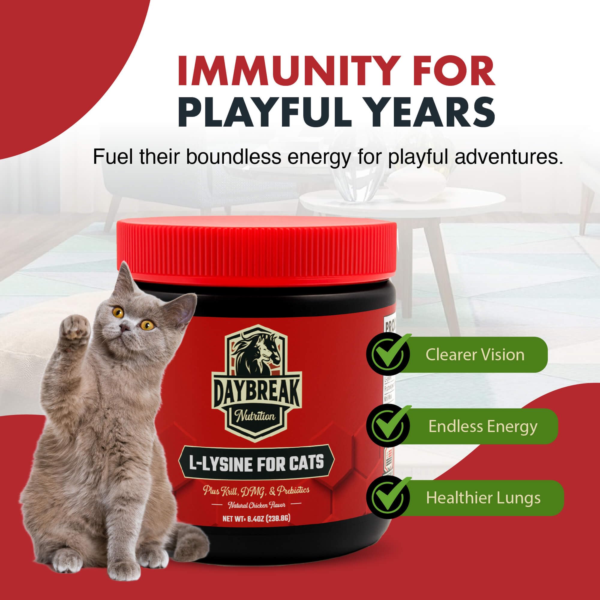 Daybreak Lysine cats ingredients close-up showing complete blend