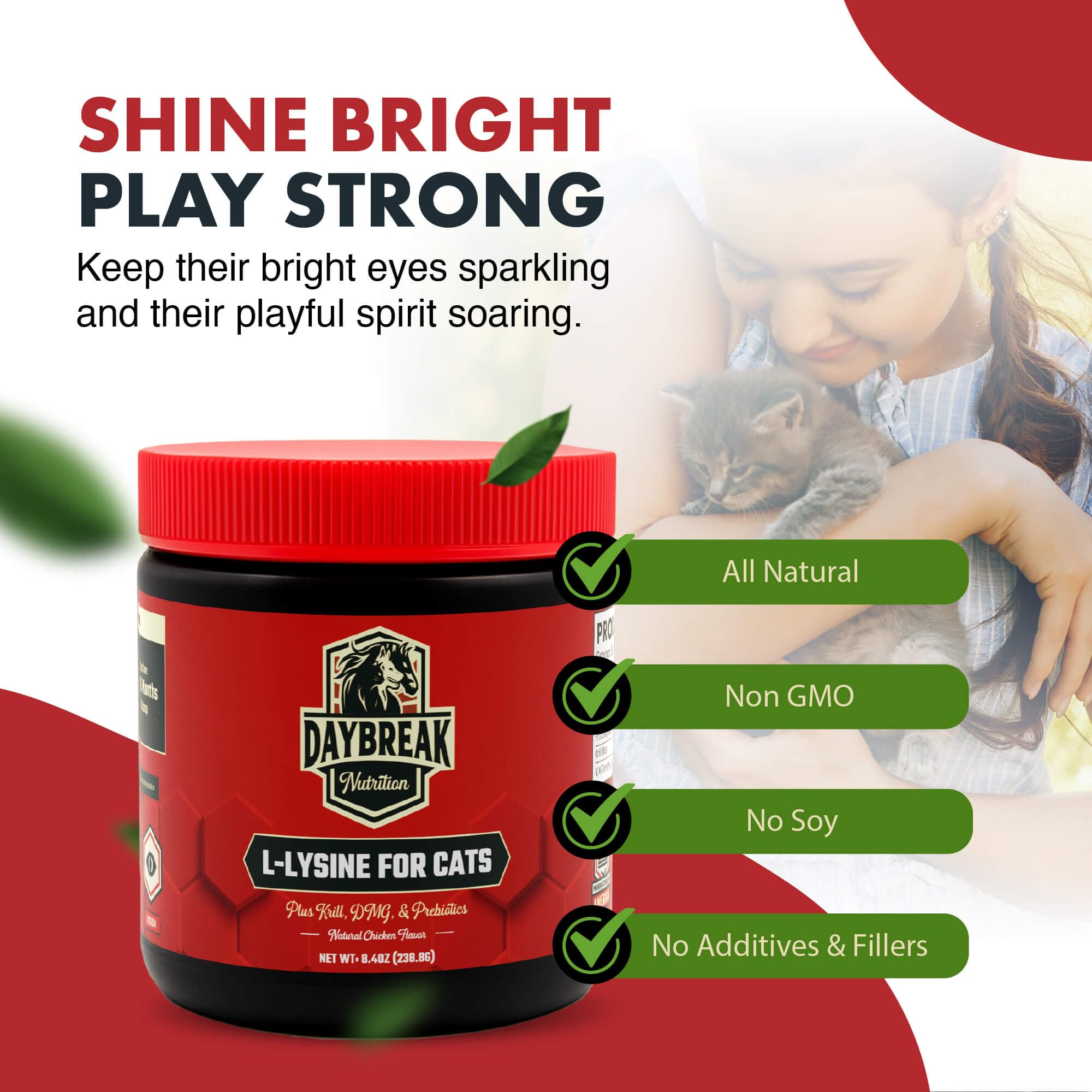 Daybreak Lysine cats krill DMG graphic highlights omega-3 richness