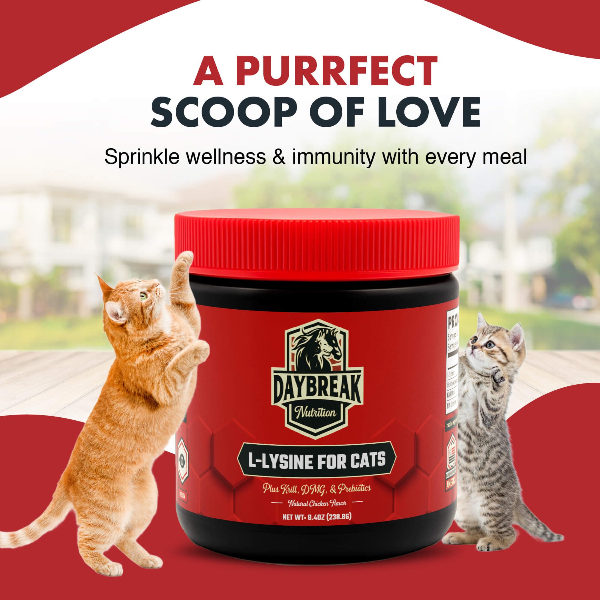 Daybreak Lysine cats lab-tested badge communicates quality and pesticide-free formulation