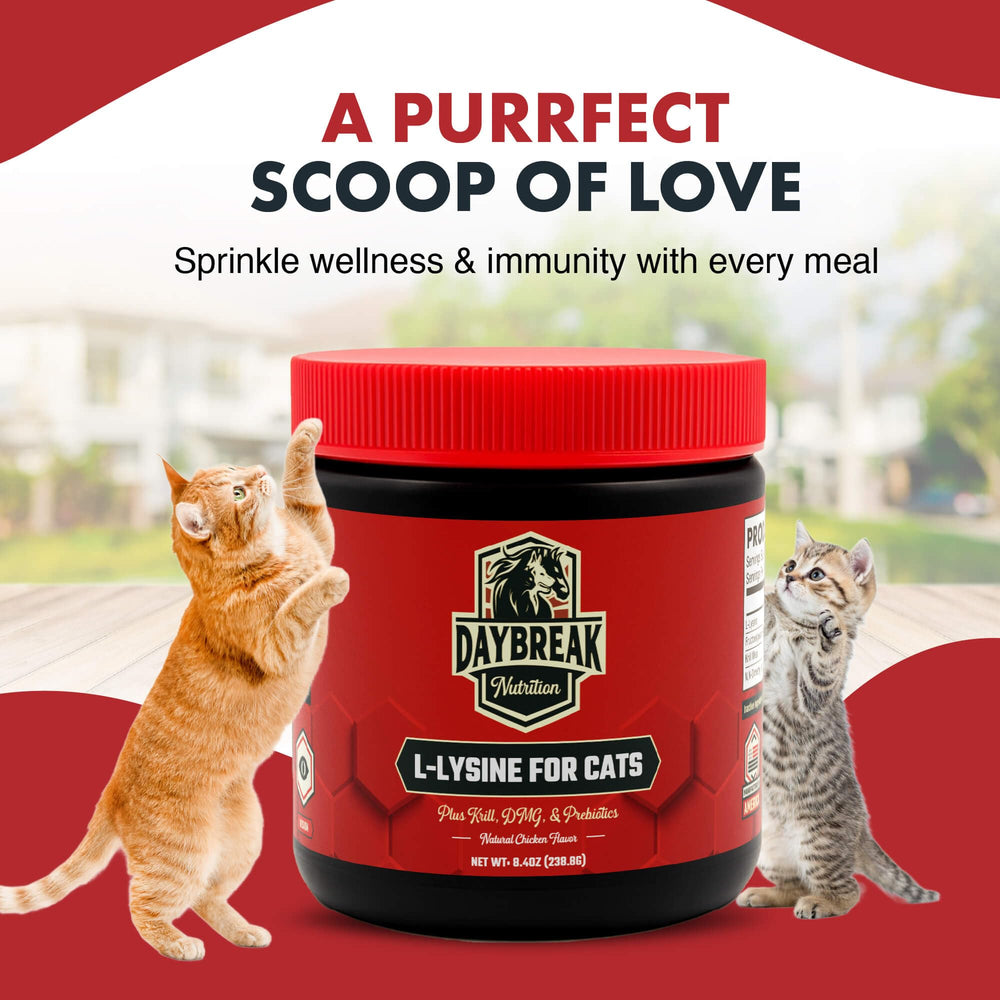 Daybreak Lysine cats lab-tested badge communicates quality and pesticide-free formulation