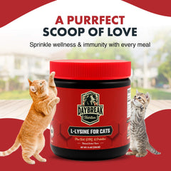 Daybreak Lysine cats lab-tested badge communicates quality and pesticide-free formulation