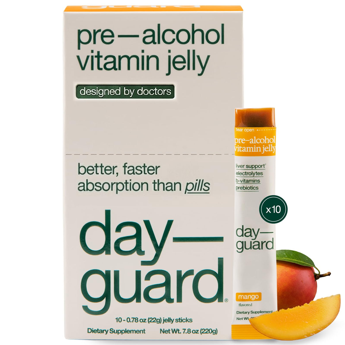 DayGuard mango jelly sticks pack front for on-the-go pre-drinking support.