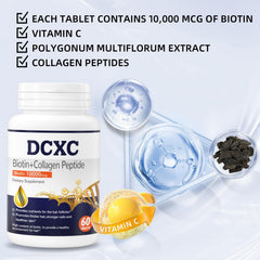 DCXC Biotin Collagen Tablets bottle closeup emphasizing potency and daily use