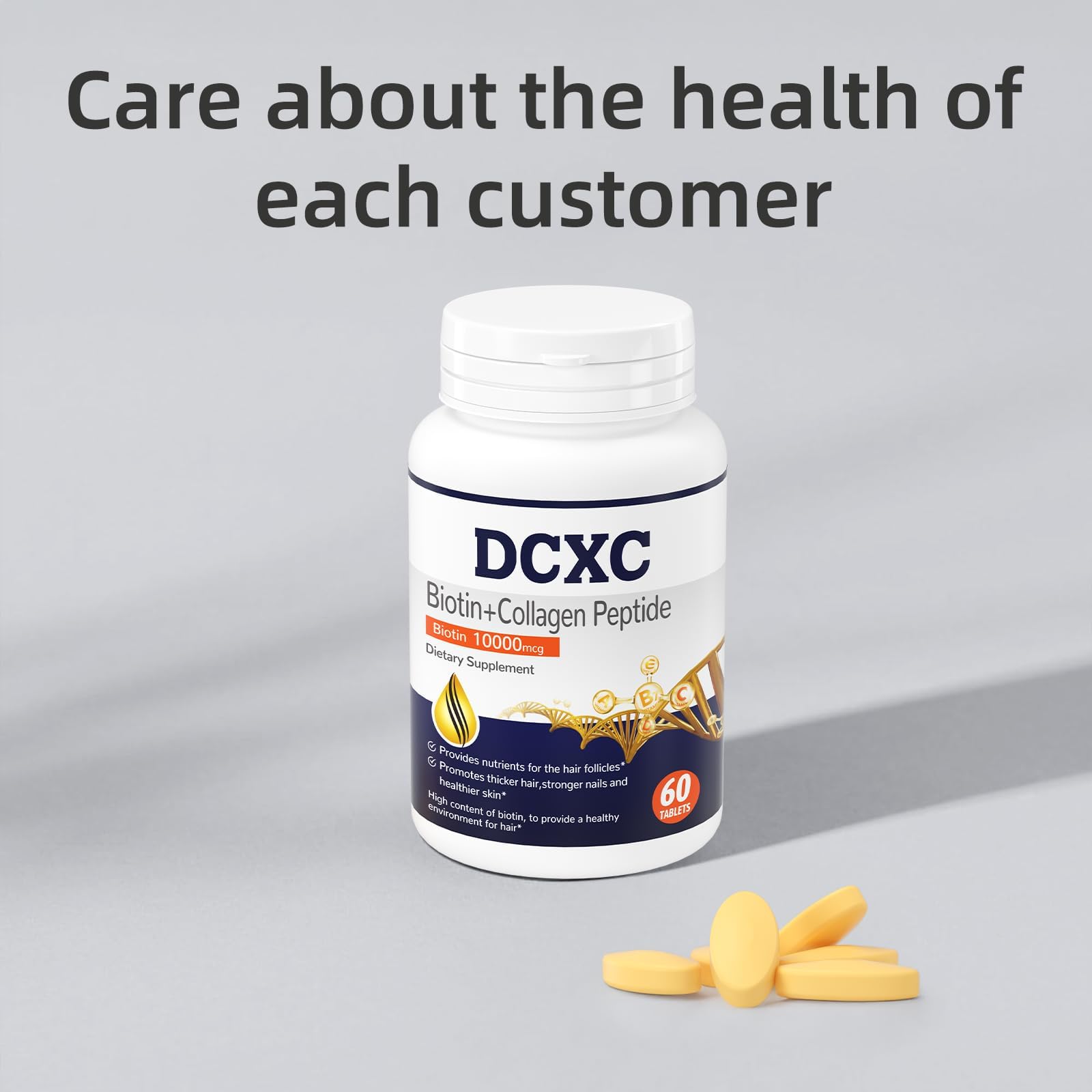 DCXC Biotin Collagen Tablets label detail showing 10000 mcg biotin