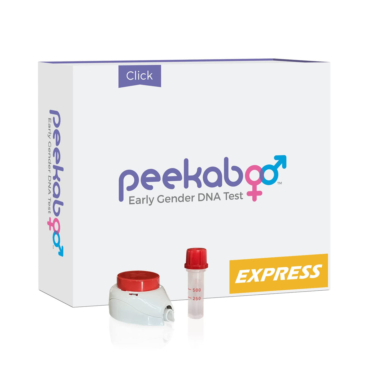 DDC Peekaboo Click Express kit box ready for at-home testing and easy setup.