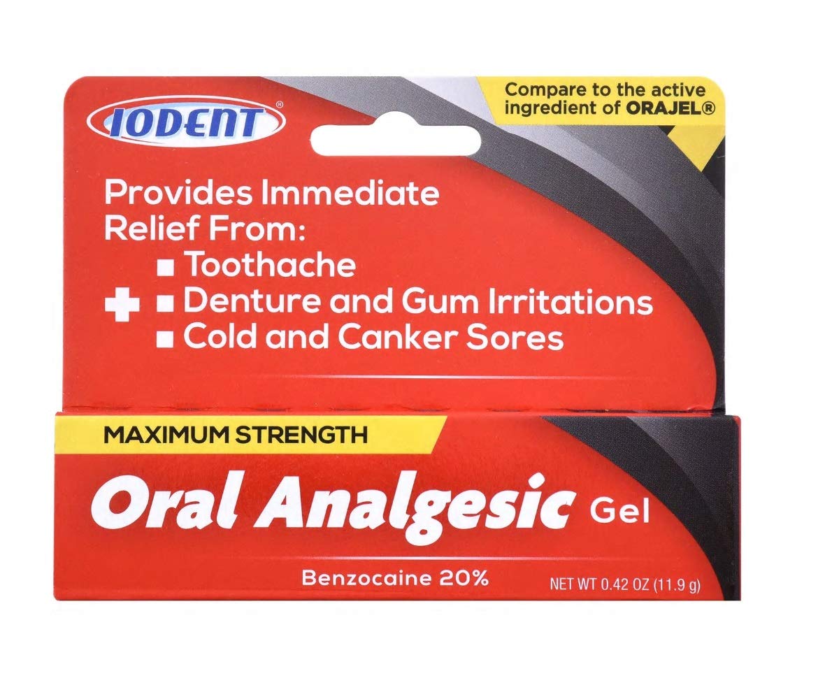 DDI Iodent Oral Analgesic Gel pack shot; alcohol-free, unflavored formula for temporary oral discomfort.