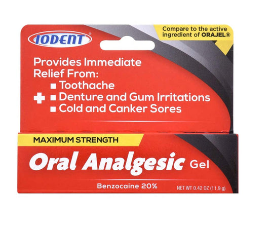 DDI Iodent Oral Analgesic Gel pack shot; alcohol-free, unflavored formula for temporary oral discomfort.