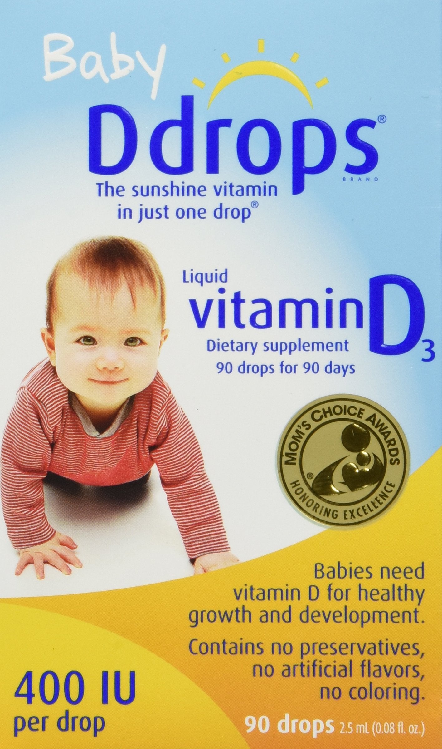 Ddrops Baby 400 IU dropper dispensing tasteless vitamin D3.