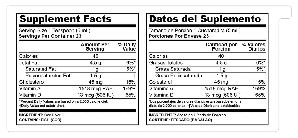 De La Cruz Cod Liver Oil Liquid label highlights vitamins A and D