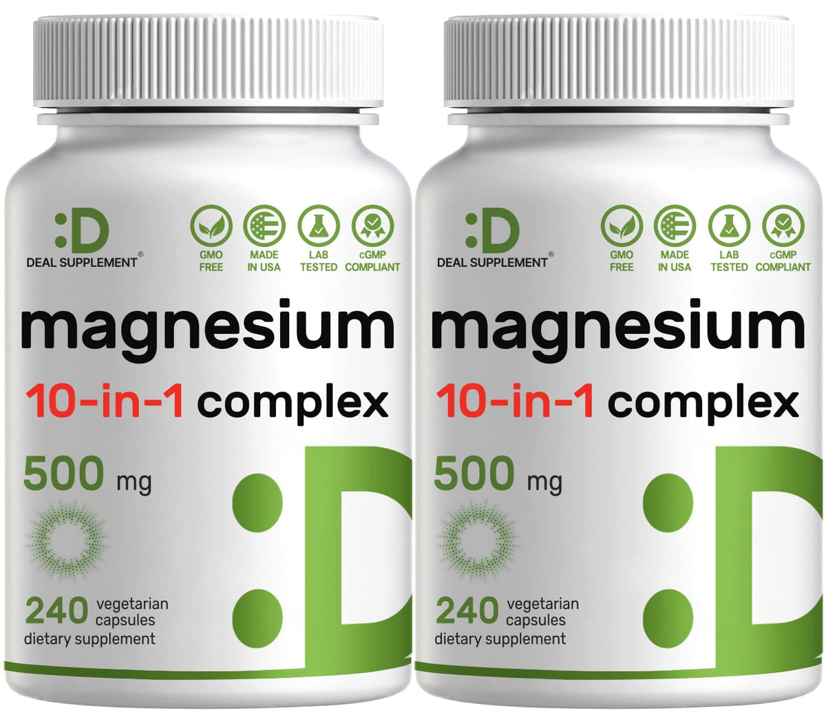 Deal Supplement Magnesium Complex 500mg bottle displaying the label and 10 magnesium forms.
