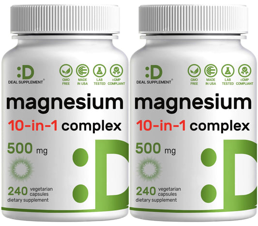 Deal Supplement Magnesium Complex 500mg bottle displaying the label and 10 magnesium forms.