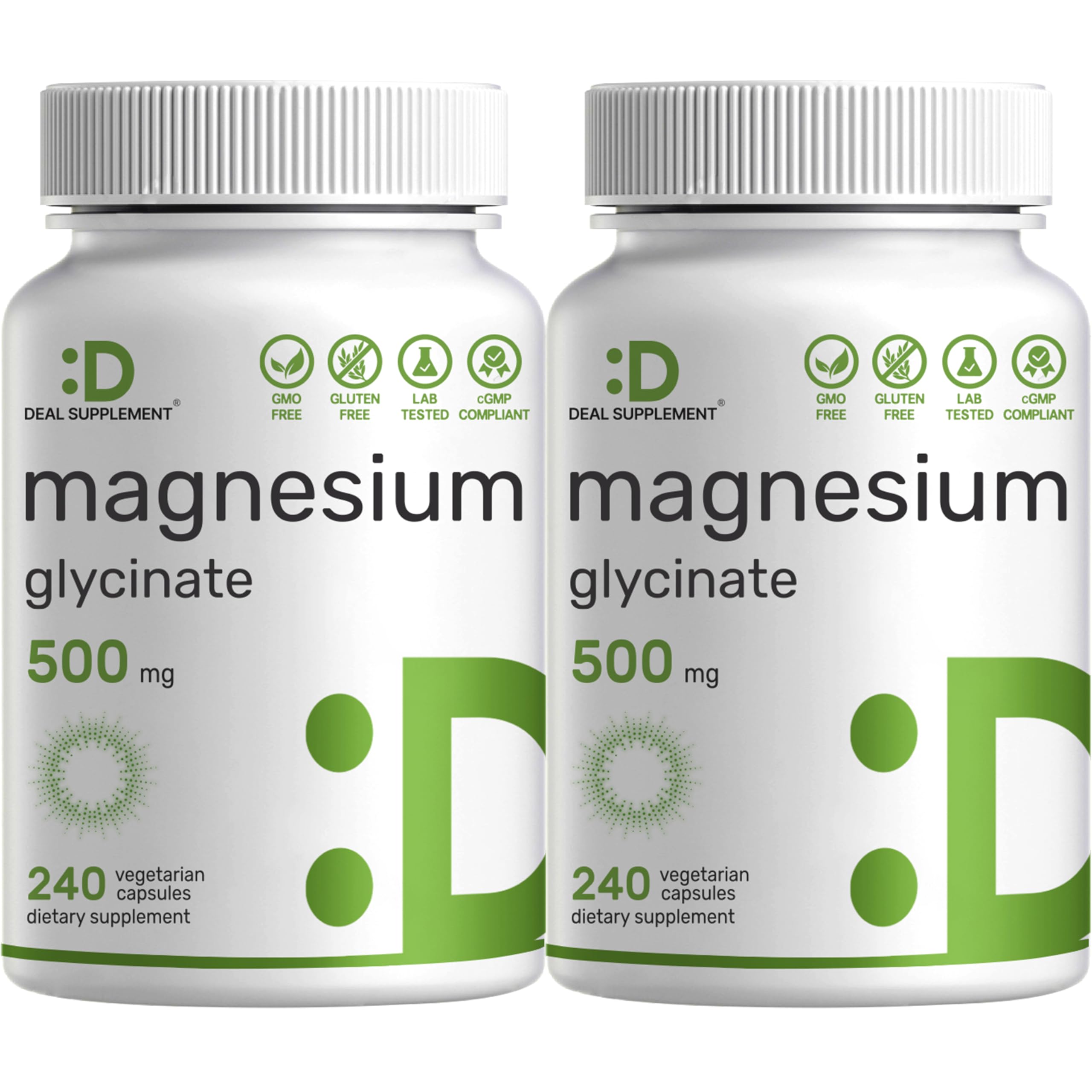 Deal Supplement magnesium glycinate bottle front, highlighting easy absorption and high quality.