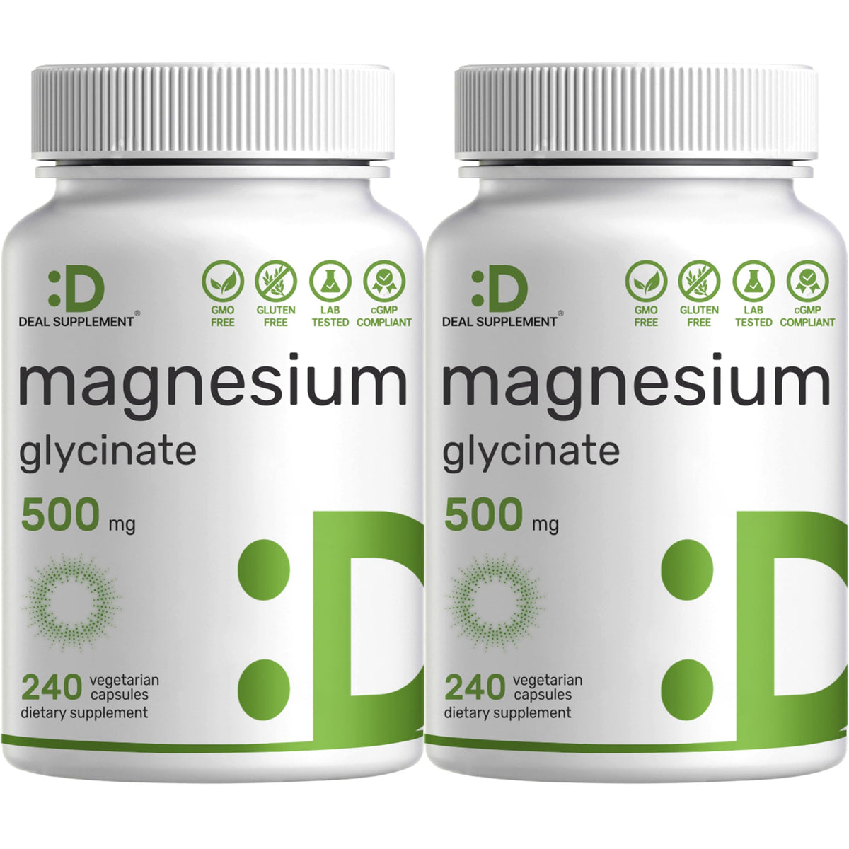Deal Supplement magnesium glycinate bottle front, highlighting easy absorption and high quality.