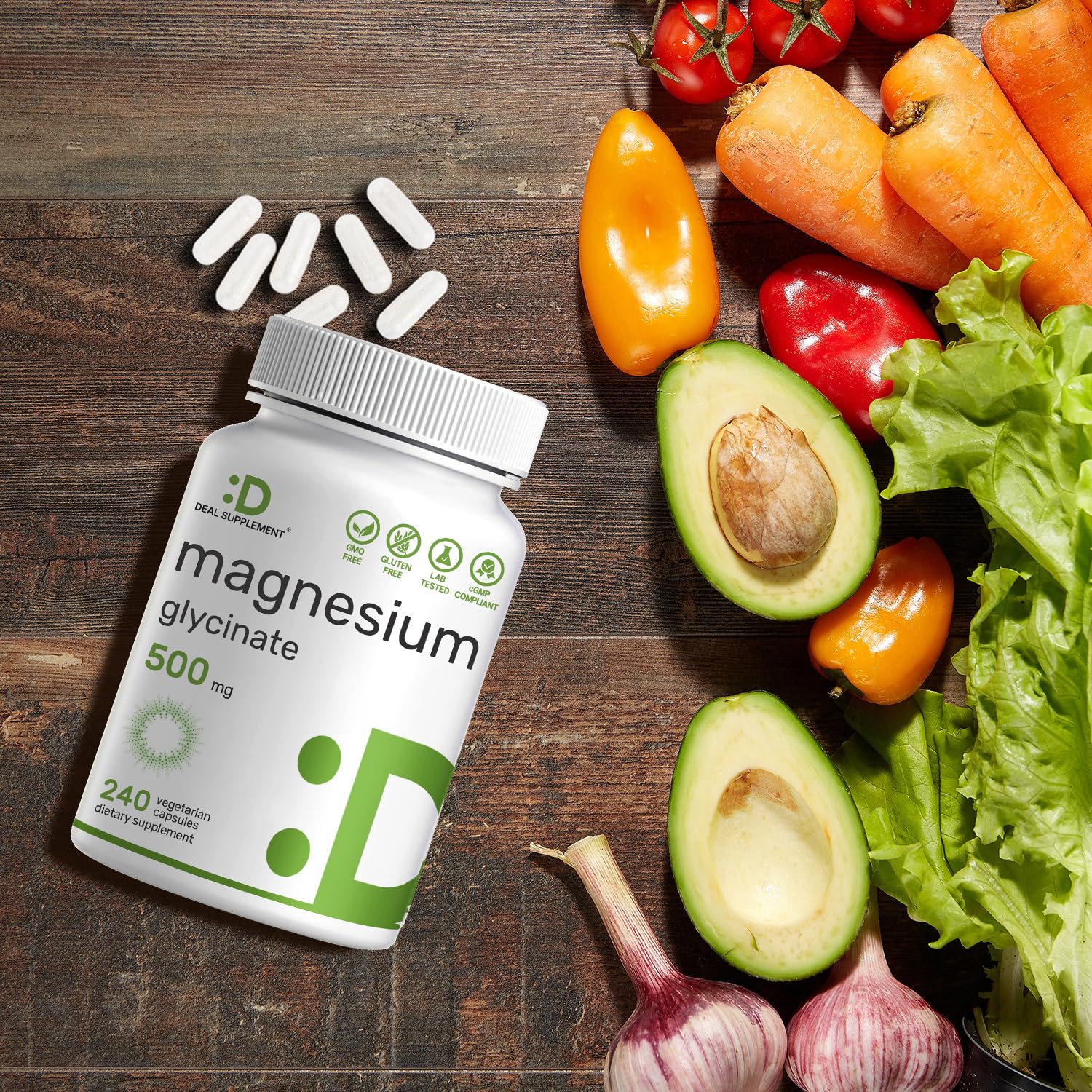 Deal Supplement magnesium glycinate bottle on green background promoting daily mineral intake.