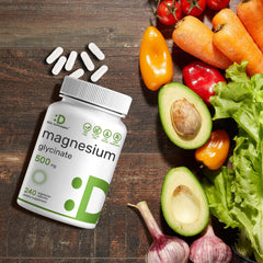 Deal Supplement magnesium glycinate bottle on green background promoting daily mineral intake.
