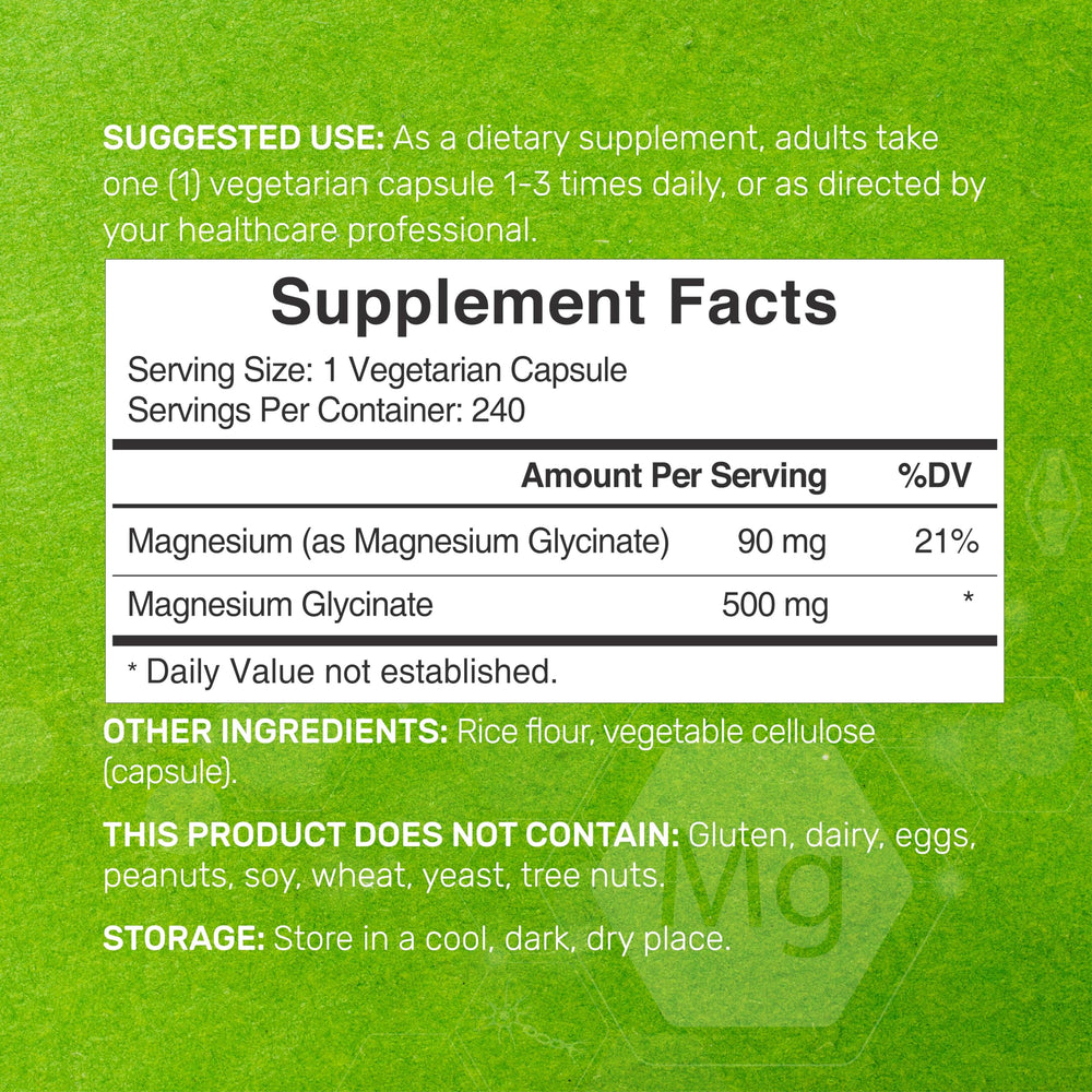 Deal Supplement magnesium glycinate jar with nutrition facts, good for overall wellness.