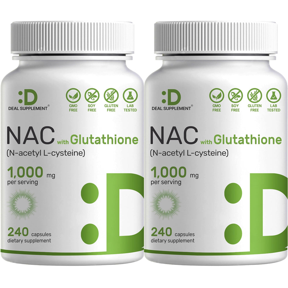 DEAL SUPPLEMENT NAC 1000mg bottle front shows the product and daily wellness potential.