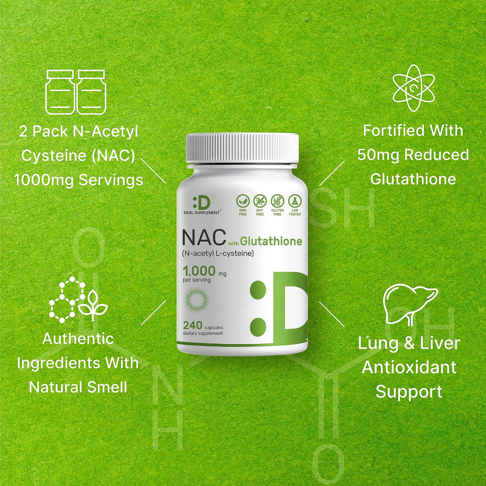 DEAL SUPPLEMENT NAC capsules inside bottle for convenient 3-capsule servings.