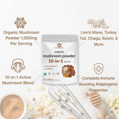 Deal Supplement organic mushroom powder bag open signals natural additive-free source.