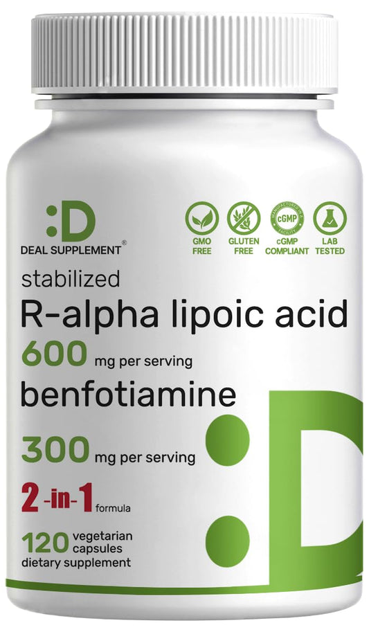 DEAL SUPPLEMENT R-ALA bottle close-up highlighting high-bioavailability formula for energy support