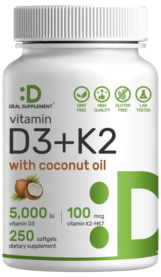 DEAL SUPPLEMENT Vitamin D3 + K2 softgels bottle supports daily bone and immune health.