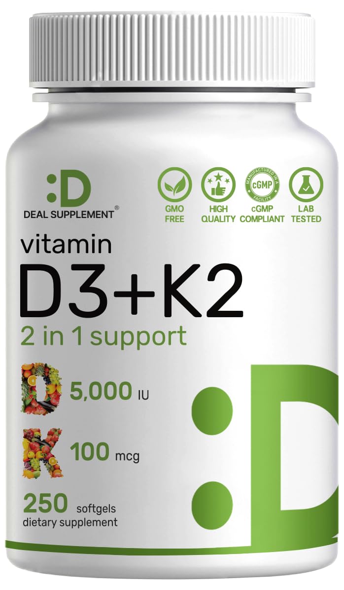 DEAL SUPPLEMENT D3 and K2 softgels bottle supports calcium absorption.