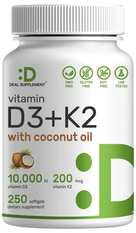 DEAL SUPPLEMENT Vitamin D3 and K2 softgels bottle for daily wellness support.