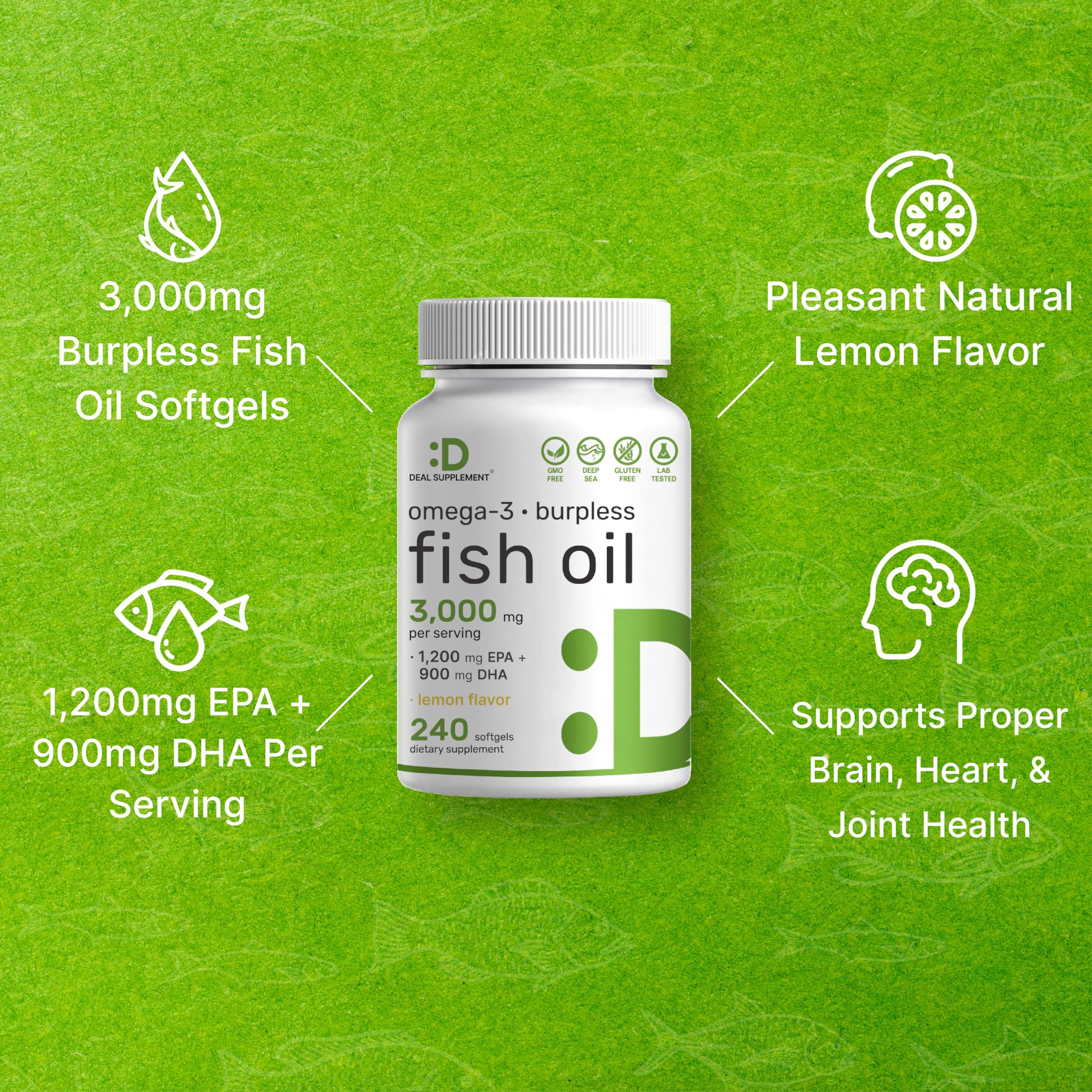 DEAL SUPPLEMENT Wild caught omega-3 bottle emphasizes EPA and DHA amounts.