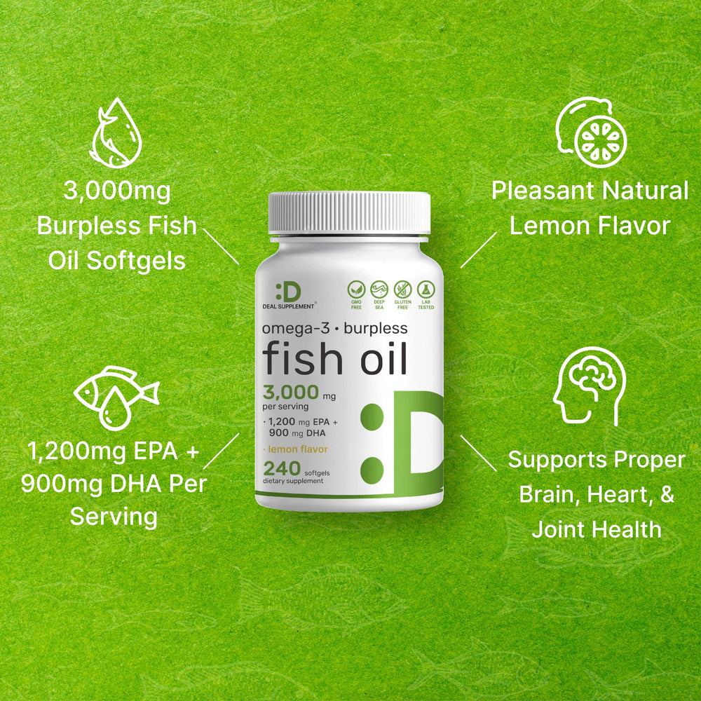 DEAL SUPPLEMENT Wild caught omega-3 bottle emphasizes EPA and DHA amounts.