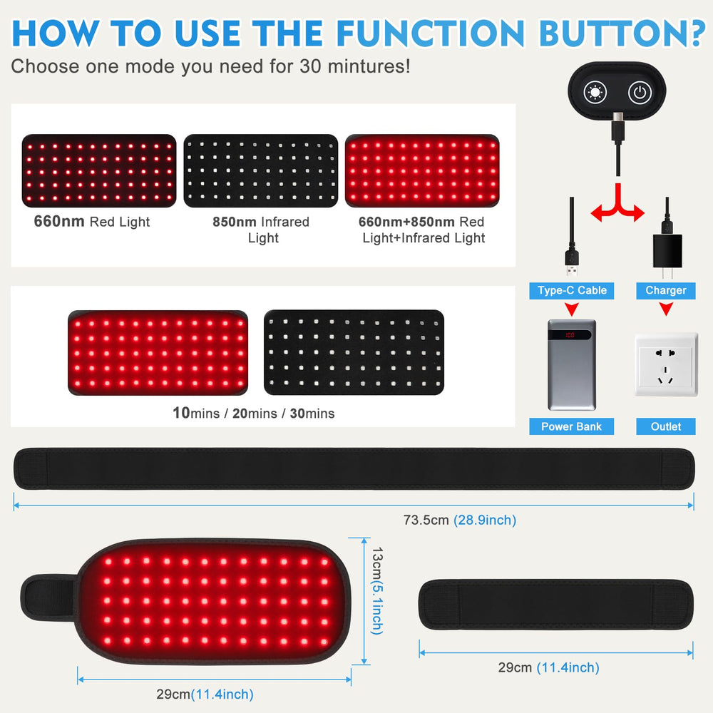DEALGADGETS Red Light Therapy Belt Wrap 660nm close-up with visible red glow.